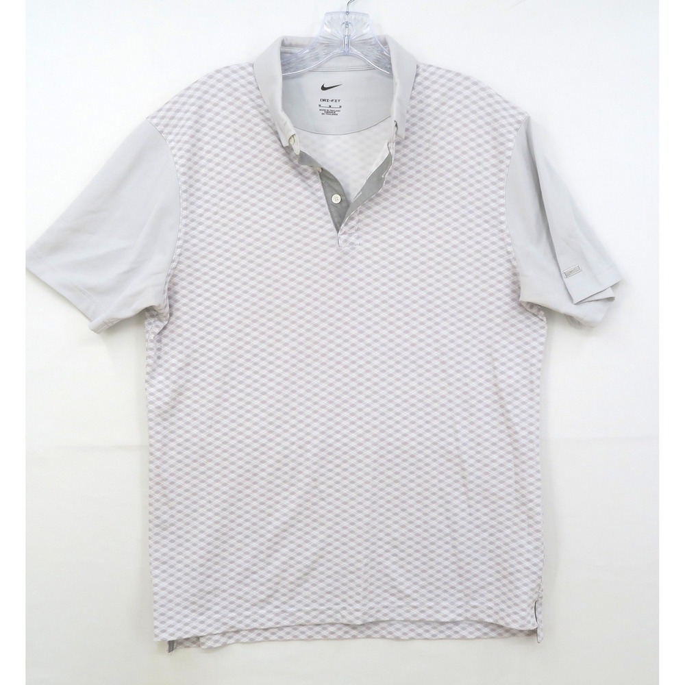 Nike Dri-FIT Mens Golf Polo Shirt Grey White Diamond Geometric Pattern Size M